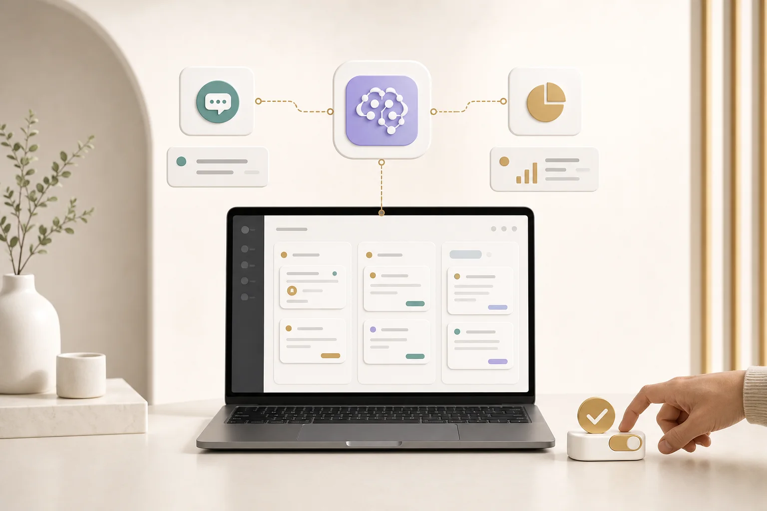 AI workflow nodes connected to business tools and devices