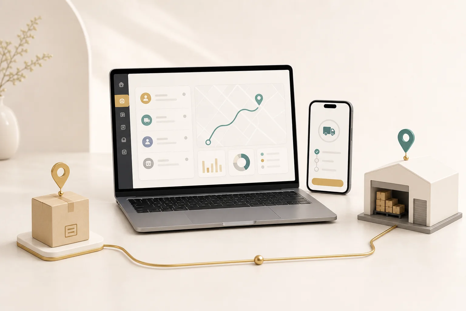 Logistics app, route, driver and admin workflow illustration