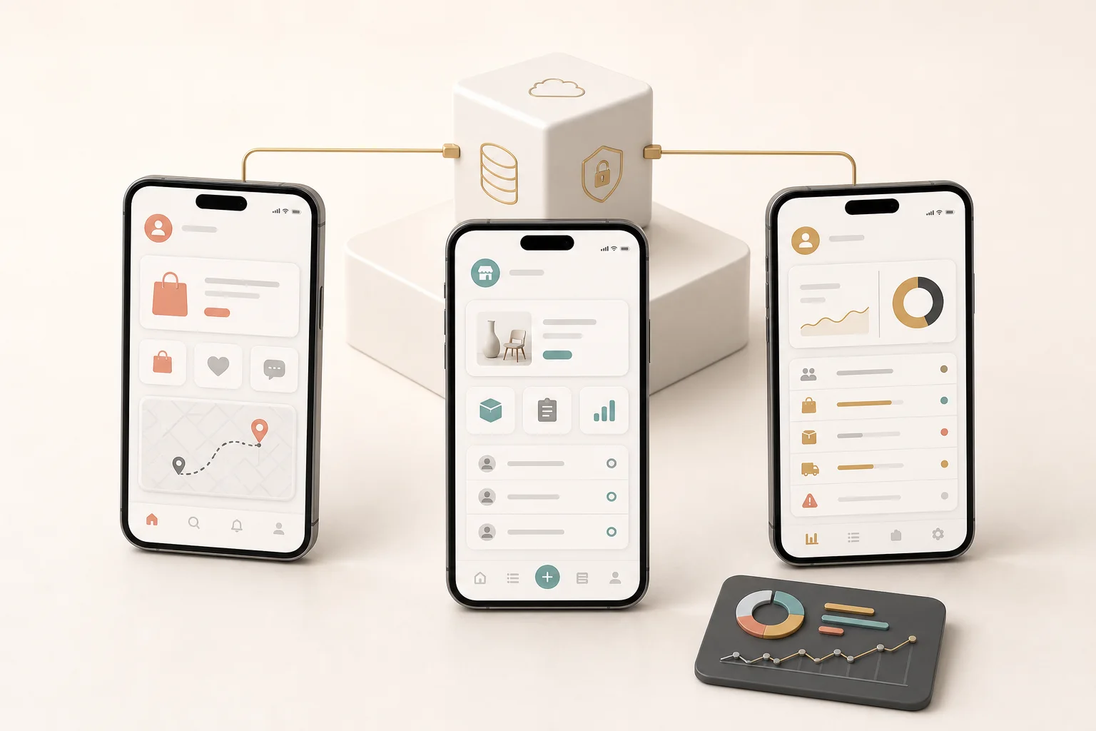 Multiple mobile app roles connected to a shared product system