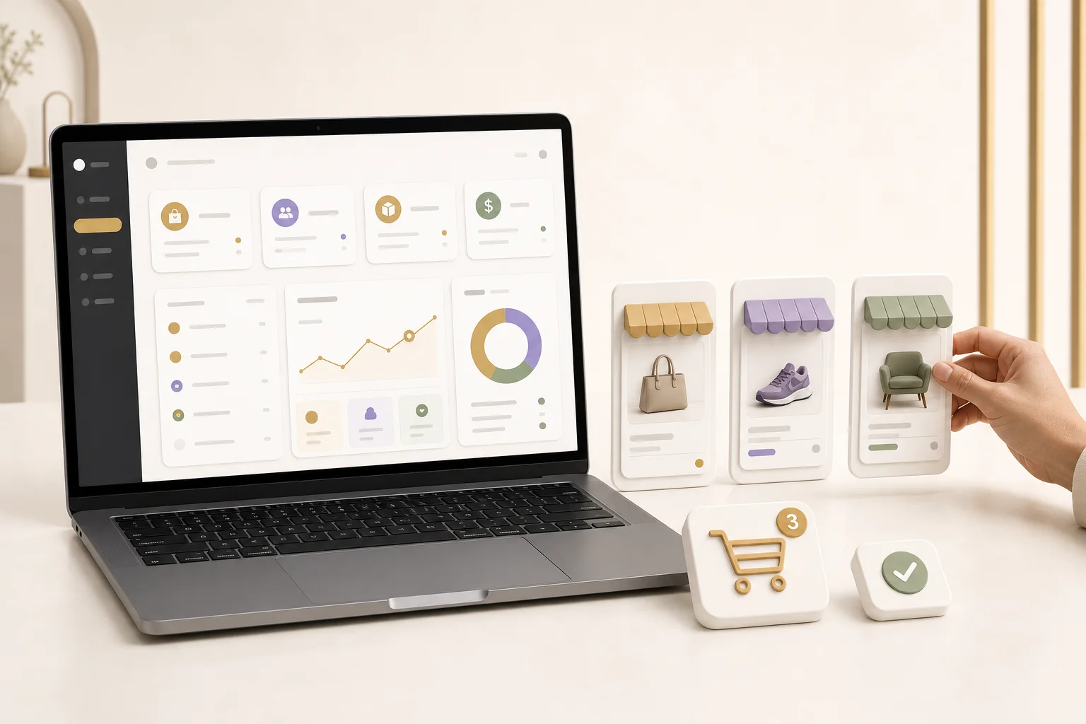 Ecommerce marketplace app and admin panels on devices